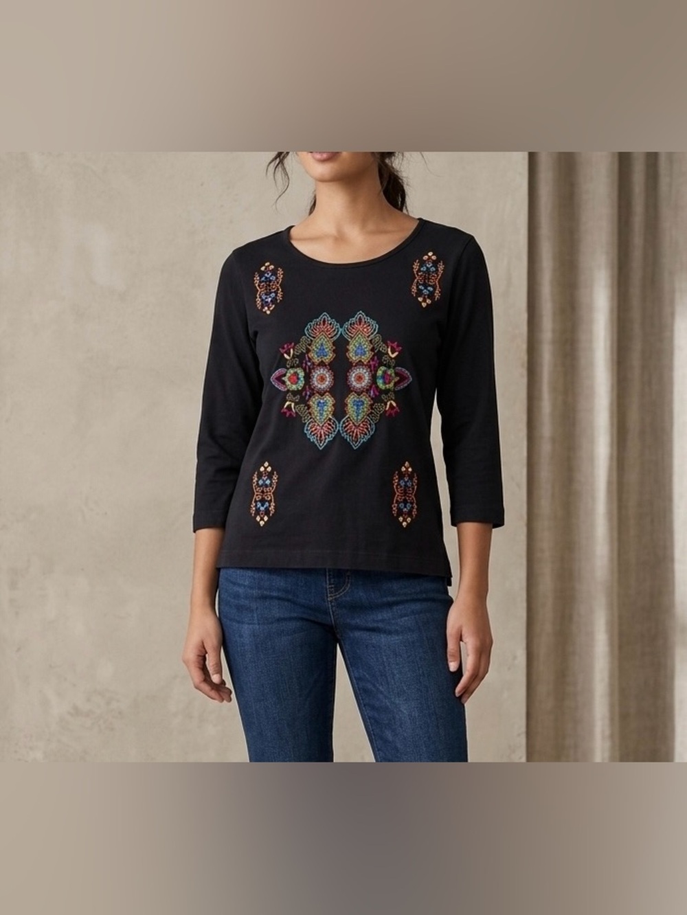 Tantrums Vintage Embroidered Top Black Boho Geometric Cotton Blouse Size L